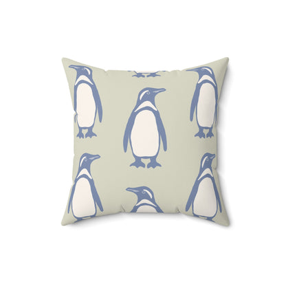 Penguin Periwinkle Faux Suede Pillow with hand - drawn artwork - Flourish Moon Studio