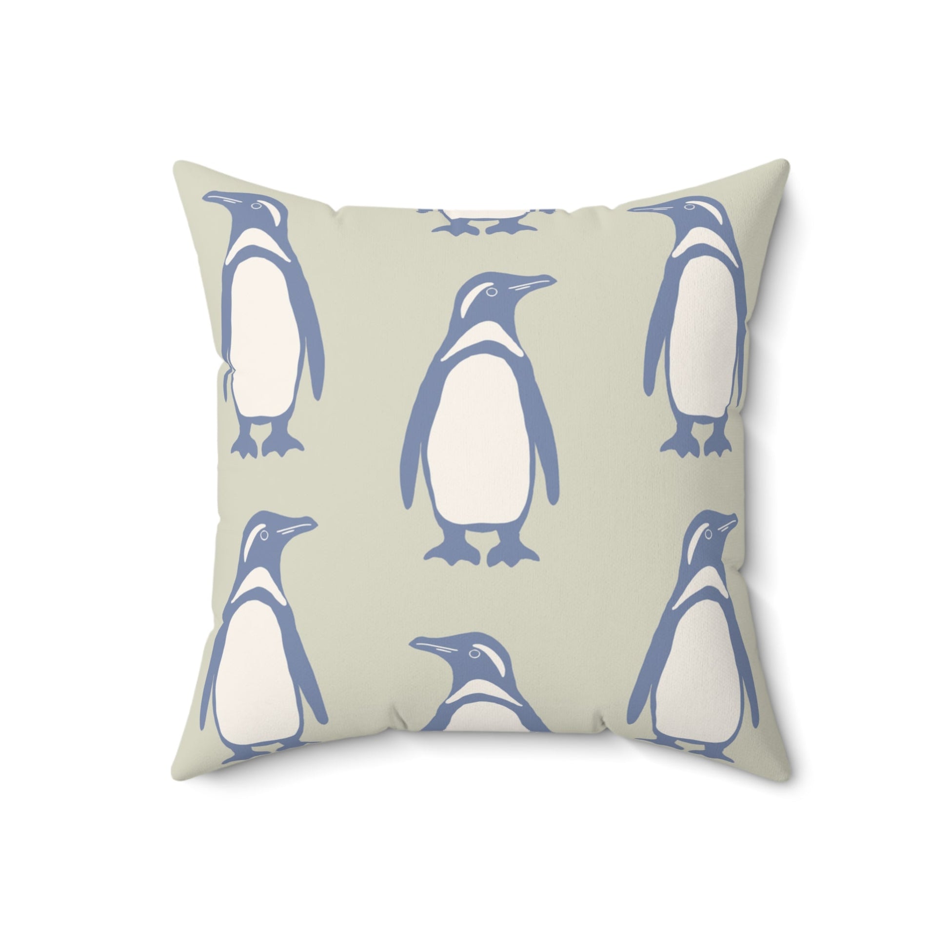 Penguin Periwinkle Faux Suede Pillow with hand - drawn artwork - Flourish Moon Studio