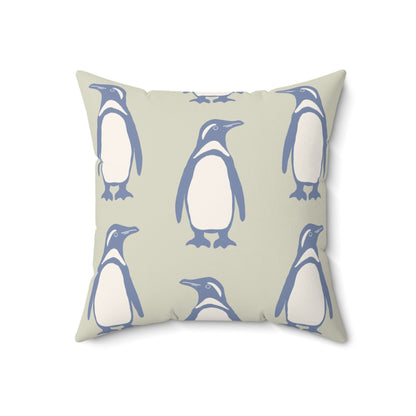 Penguin Periwinkle Faux Suede Pillow with hand - drawn artwork - Flourish Moon Studio