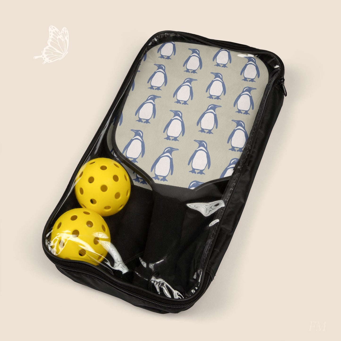 Penguin Periwinkle Pickleball Paddles Set with hand drawn artwork - Flourish Moon Studio