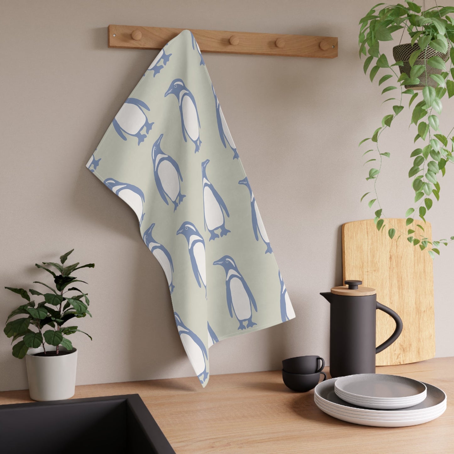 Penguin Periwinkle Tea Towels with hand - drawn artwork - Flourish Moon Studio