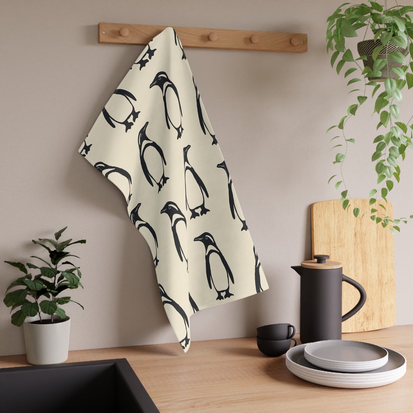 Penguin Tea Towel with hand - drawn artwork - Flourish Moon Studio