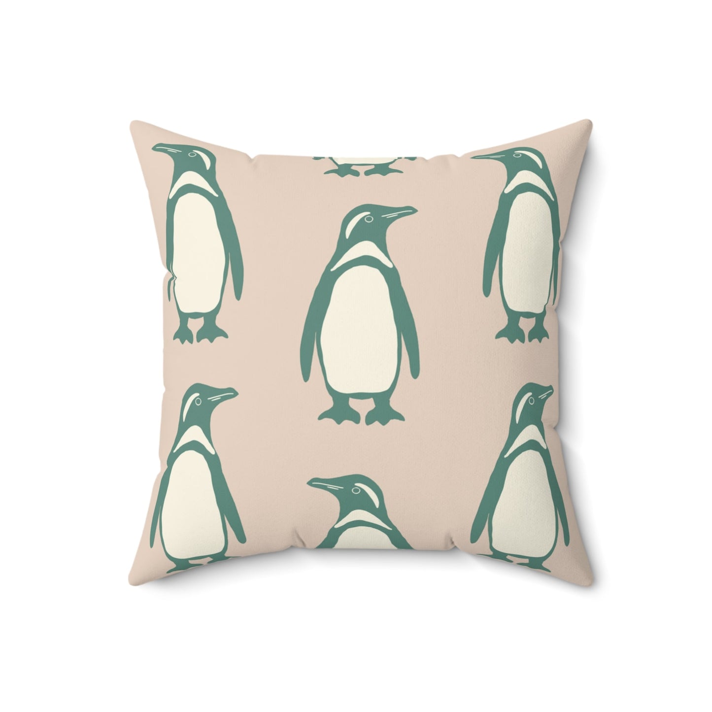 Penguin Teal & Peach Faux Suede Square Pillow with hand - drawn artwork - Flourish Moon Studio