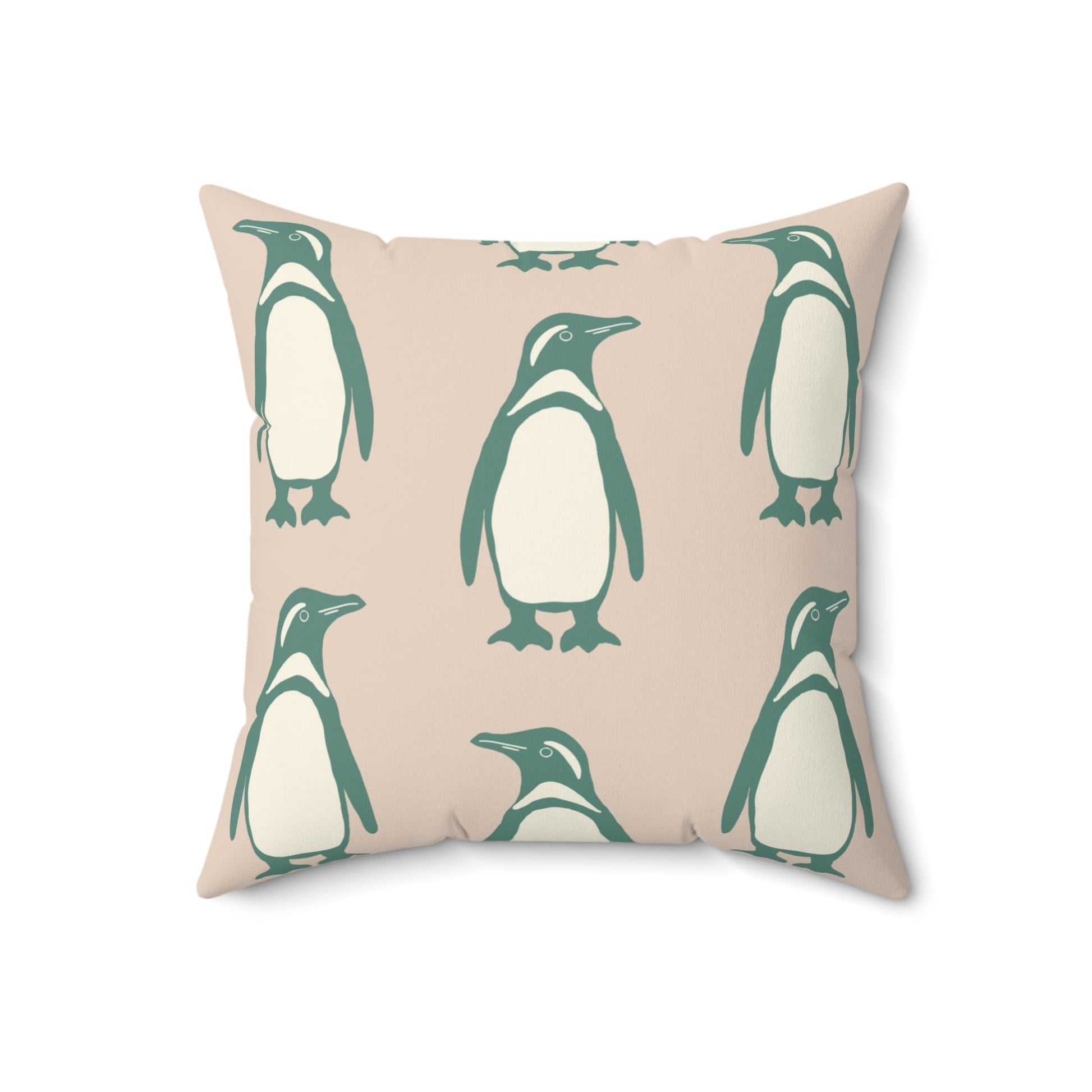 Penguin Teal & Peach Faux Suede Square Pillow with hand - drawn artwork - Flourish Moon Studio