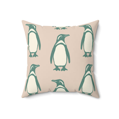 Penguin Teal & Peach Faux Suede Square Pillow with hand - drawn artwork - Flourish Moon Studio