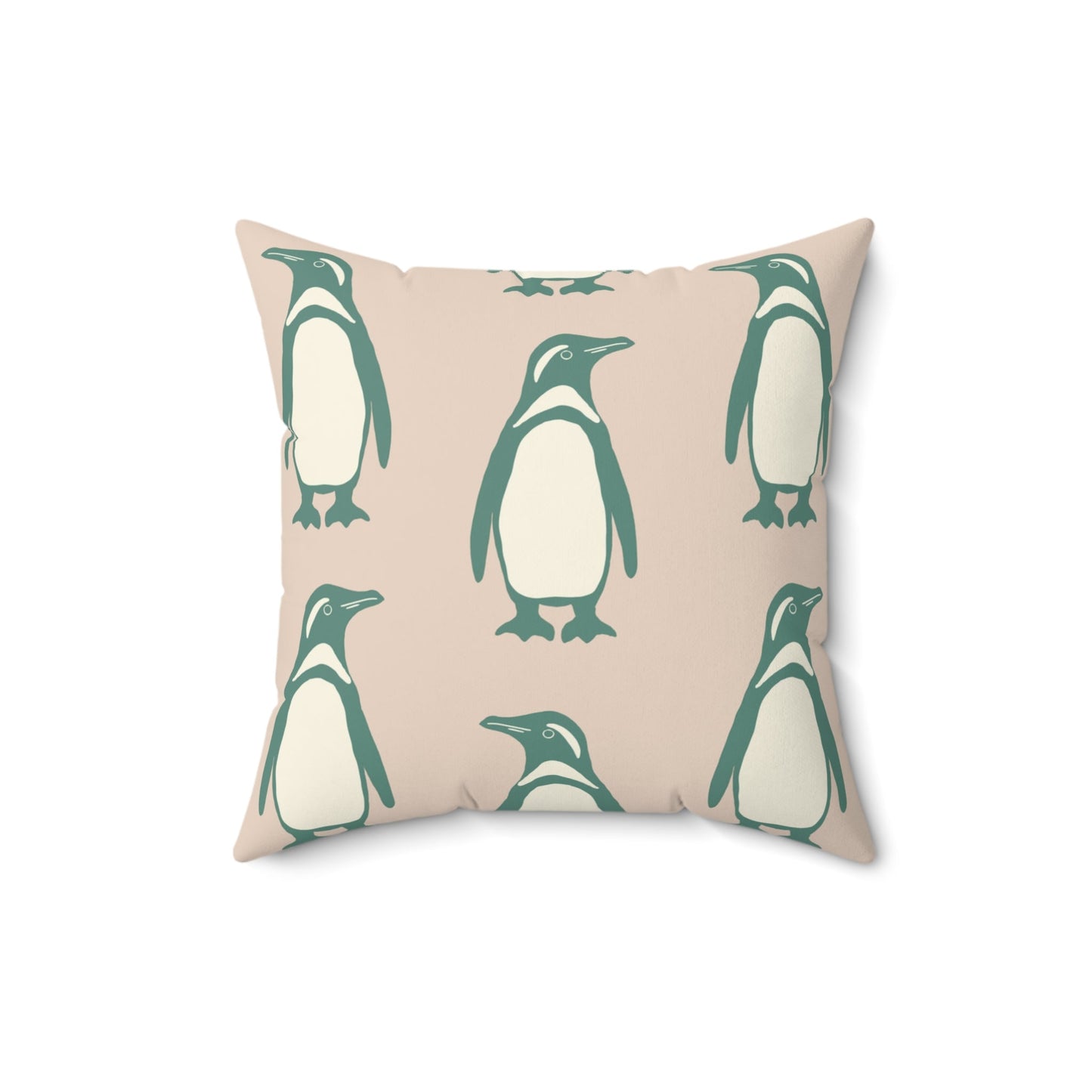 Penguin Teal & Peach Faux Suede Square Pillow with hand - drawn artwork - Flourish Moon Studio