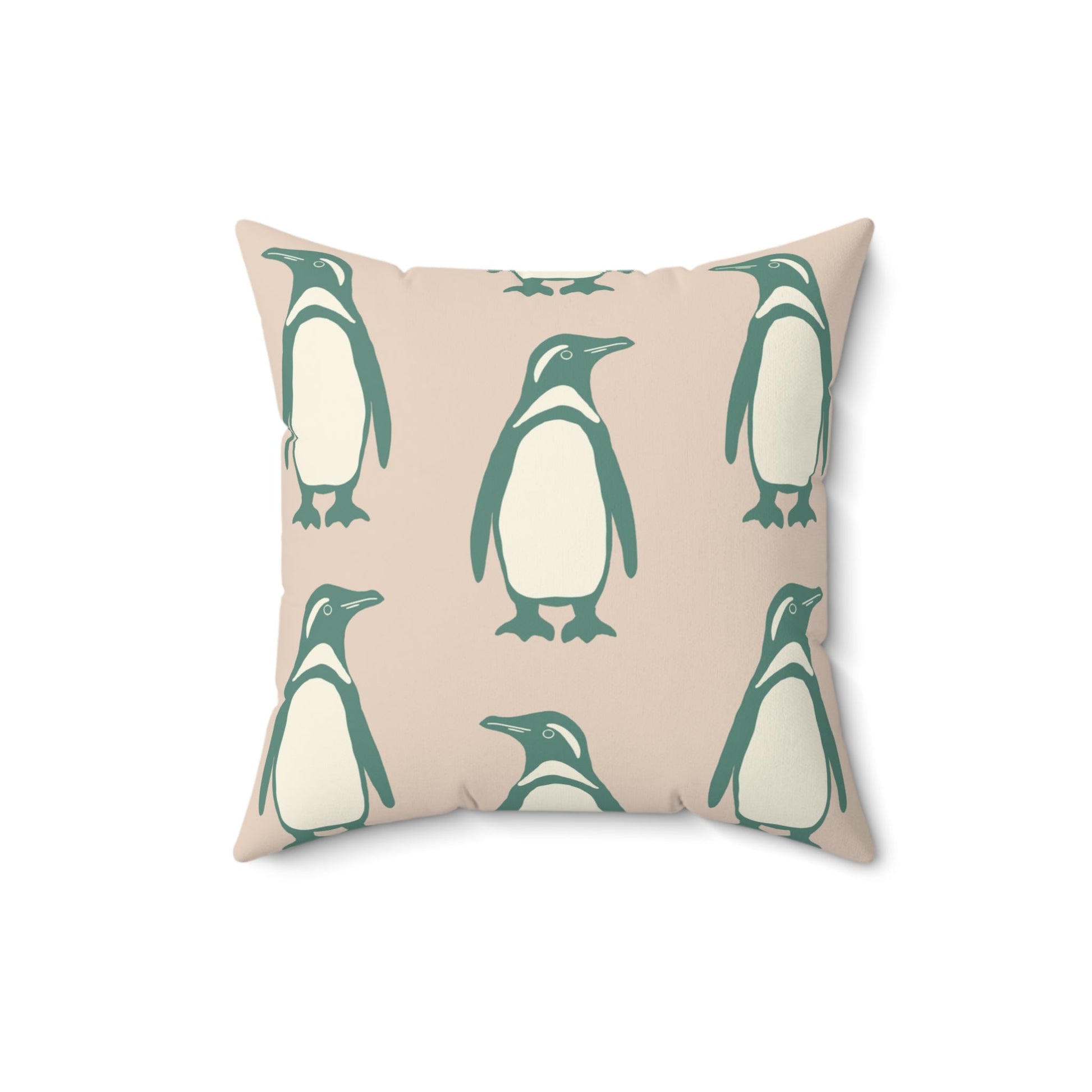Penguin Teal & Peach Faux Suede Square Pillow with hand - drawn artwork - Flourish Moon Studio