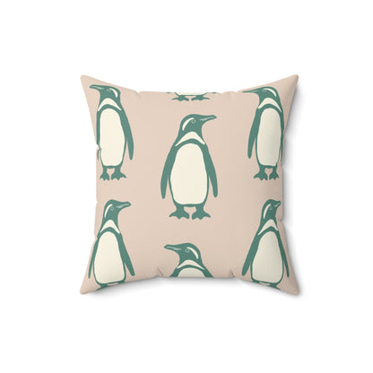 Penguin Teal & Peach Faux Suede Square Pillow with hand - drawn artwork - Flourish Moon Studio