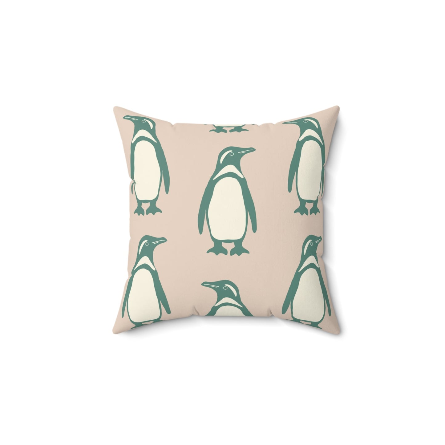 Penguin Teal & Peach Faux Suede Square Pillow with hand - drawn artwork - Flourish Moon Studio