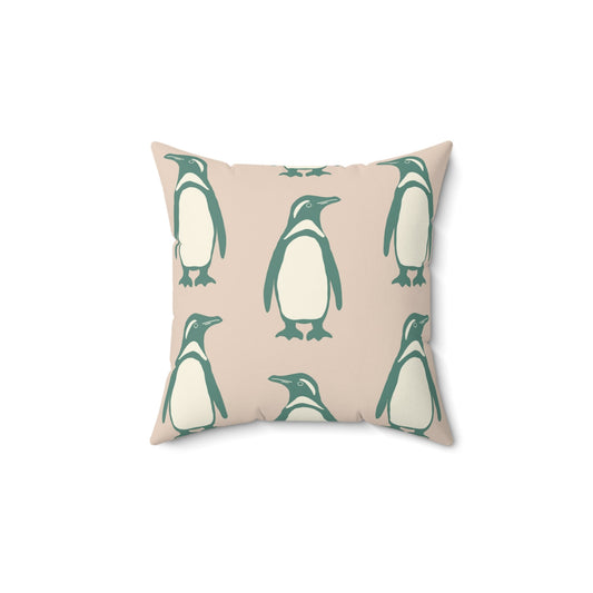 Penguin Teal & Peach Faux Suede Square Pillow with hand - drawn artwork - Flourish Moon Studio