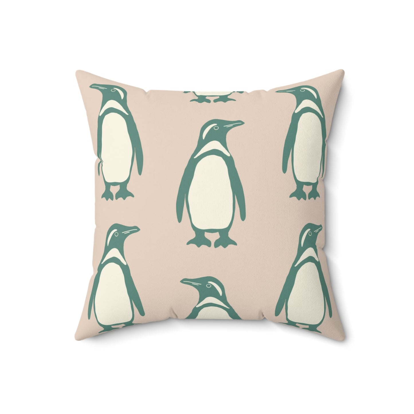 Penguin Teal & Peach Faux Suede Square Pillow with hand - drawn artwork - Flourish Moon Studio