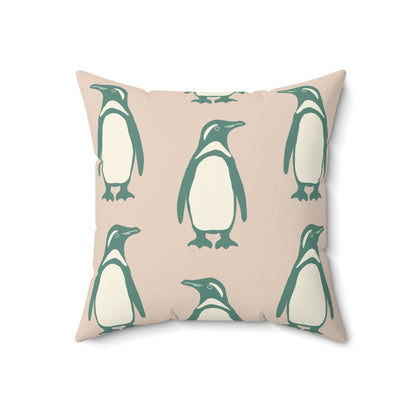 Penguin Teal & Peach Faux Suede Square Pillow with hand - drawn artwork - Flourish Moon Studio