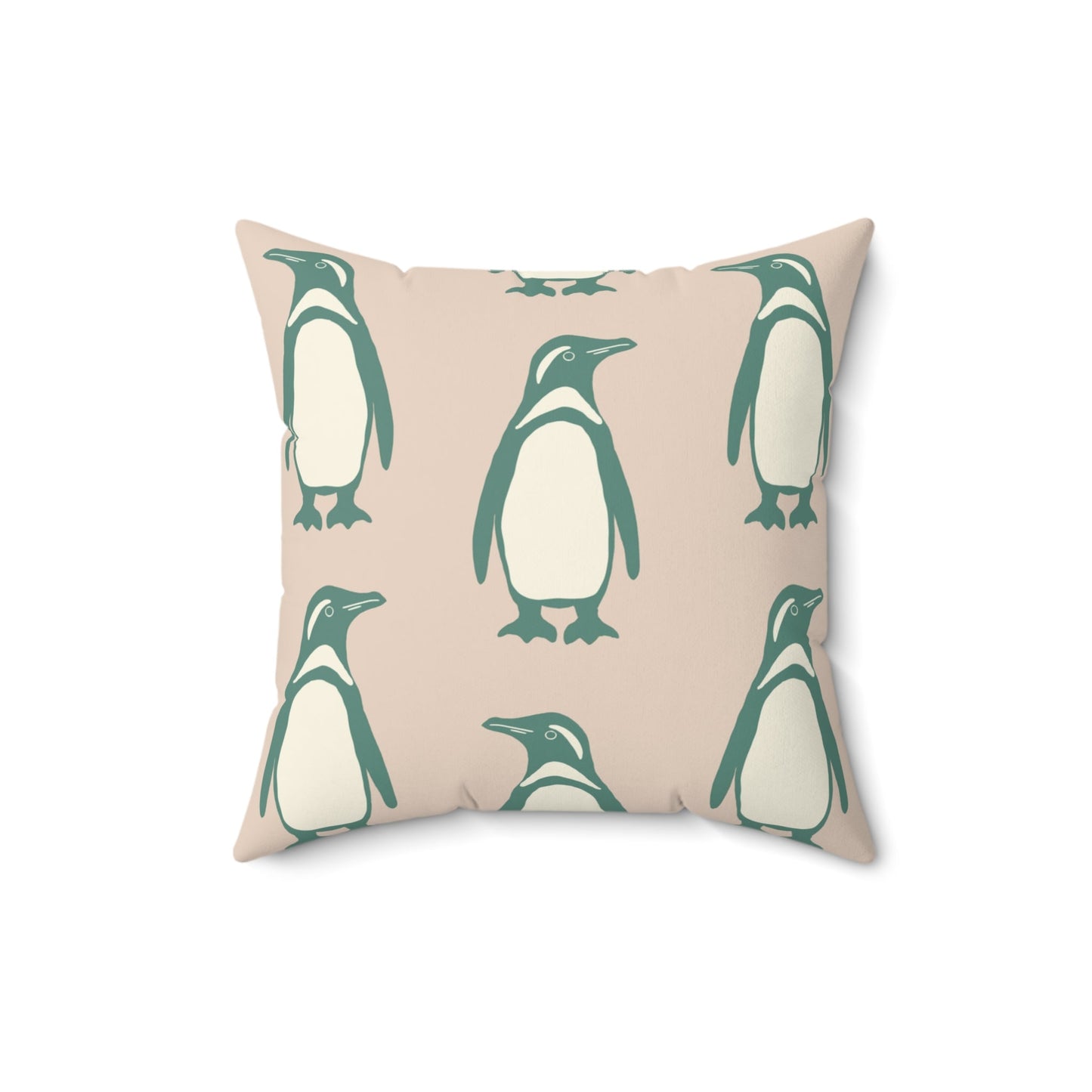 Penguin Teal & Peach Faux Suede Square Pillow with hand - drawn artwork - Flourish Moon Studio