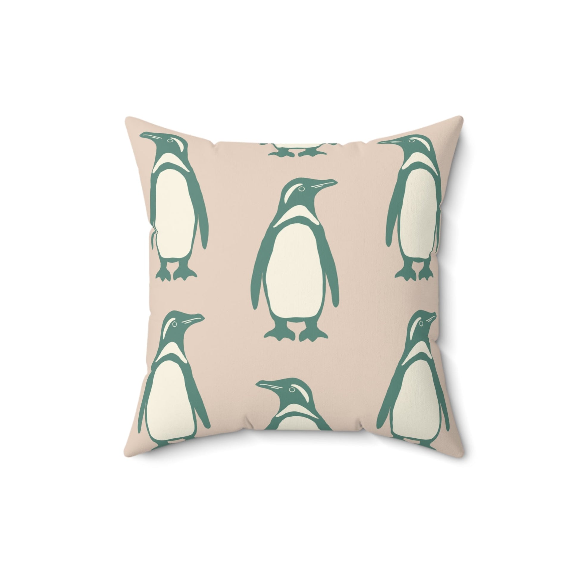 Penguin Teal & Peach Faux Suede Square Pillow with hand - drawn artwork - Flourish Moon Studio
