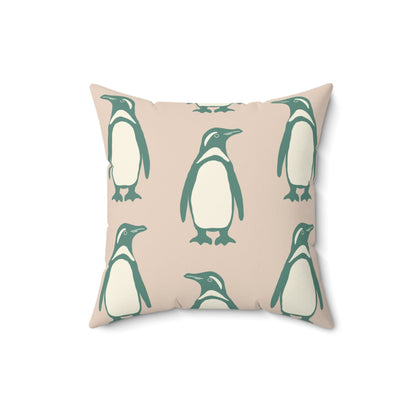 Penguin Teal & Peach Faux Suede Square Pillow with hand - drawn artwork - Flourish Moon Studio