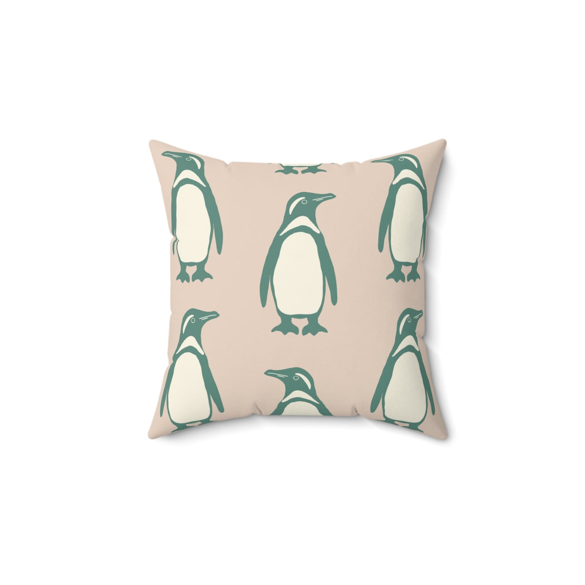 Penguin Teal & Peach Faux Suede Square Pillow with hand - drawn artwork - Flourish Moon Studio