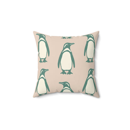 Penguin Teal & Peach Faux Suede Square Pillow with hand - drawn artwork - Flourish Moon Studio