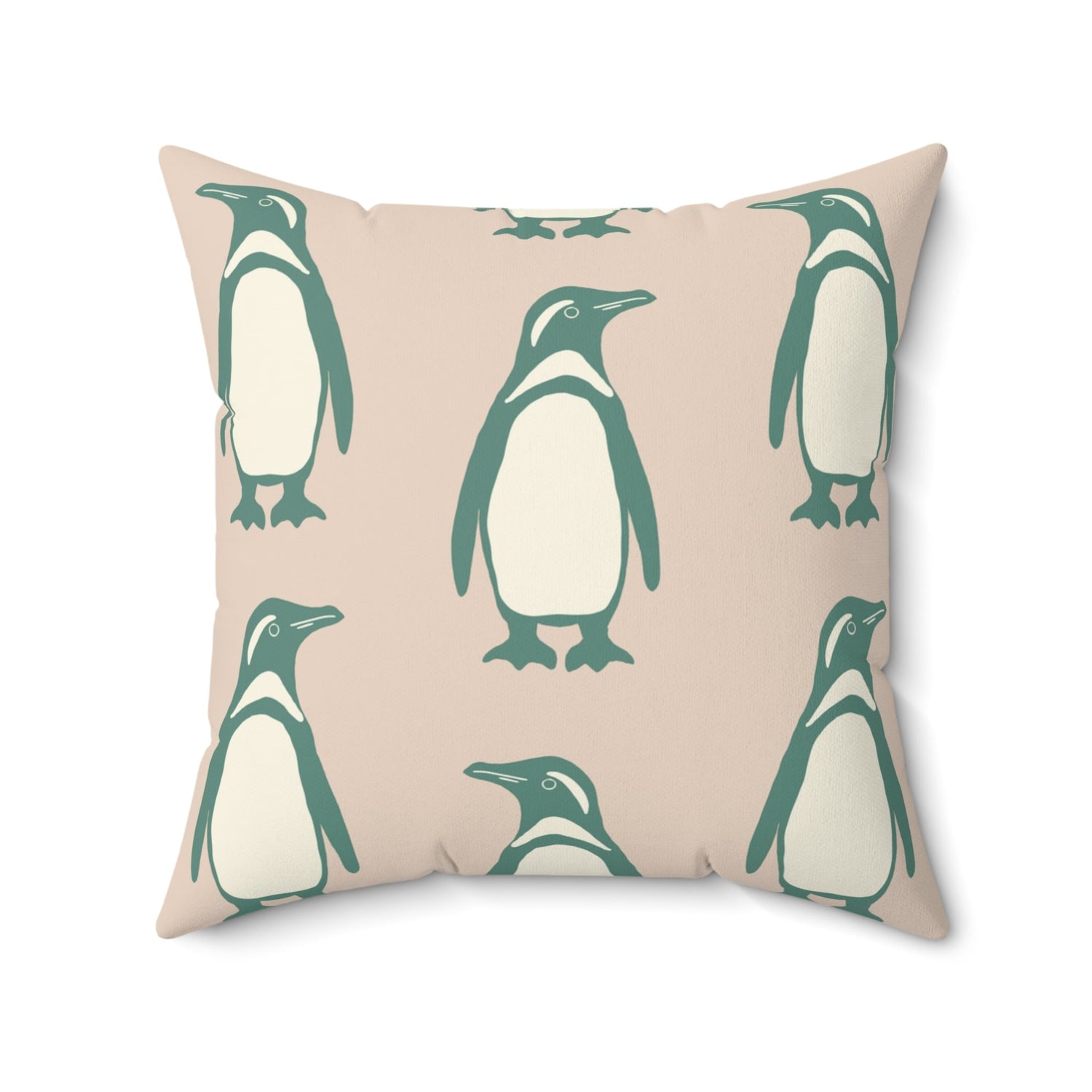 Penguin Teal & Peach Faux Suede Square Pillow with hand - drawn artwork - Flourish Moon Studio