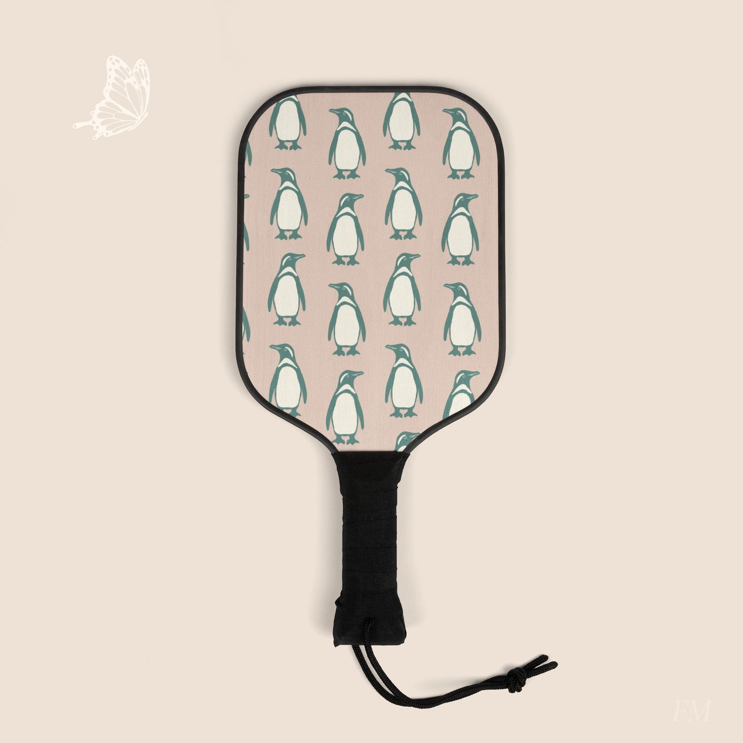 Penguin Teal & Peach Pickleball Paddles Set with hand drawn artwork - Flourish Moon Studio
