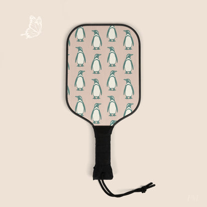 Penguin Teal & Peach Pickleball Paddles Set with hand drawn artwork - Flourish Moon Studio
