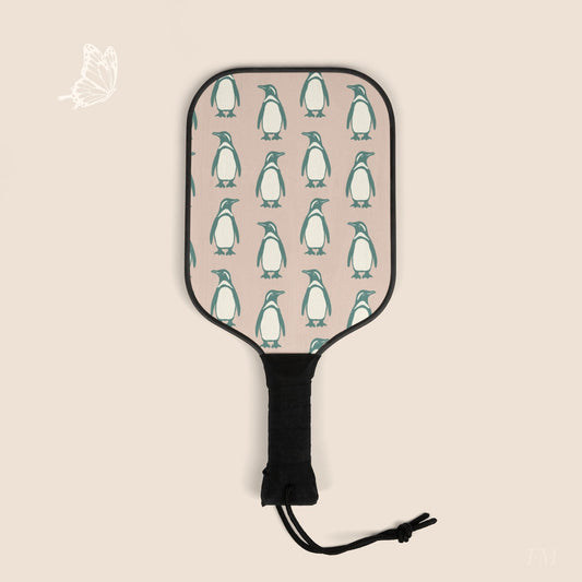 Penguin Teal & Peach Pickleball Paddles Set with hand drawn artwork - Flourish Moon Studio