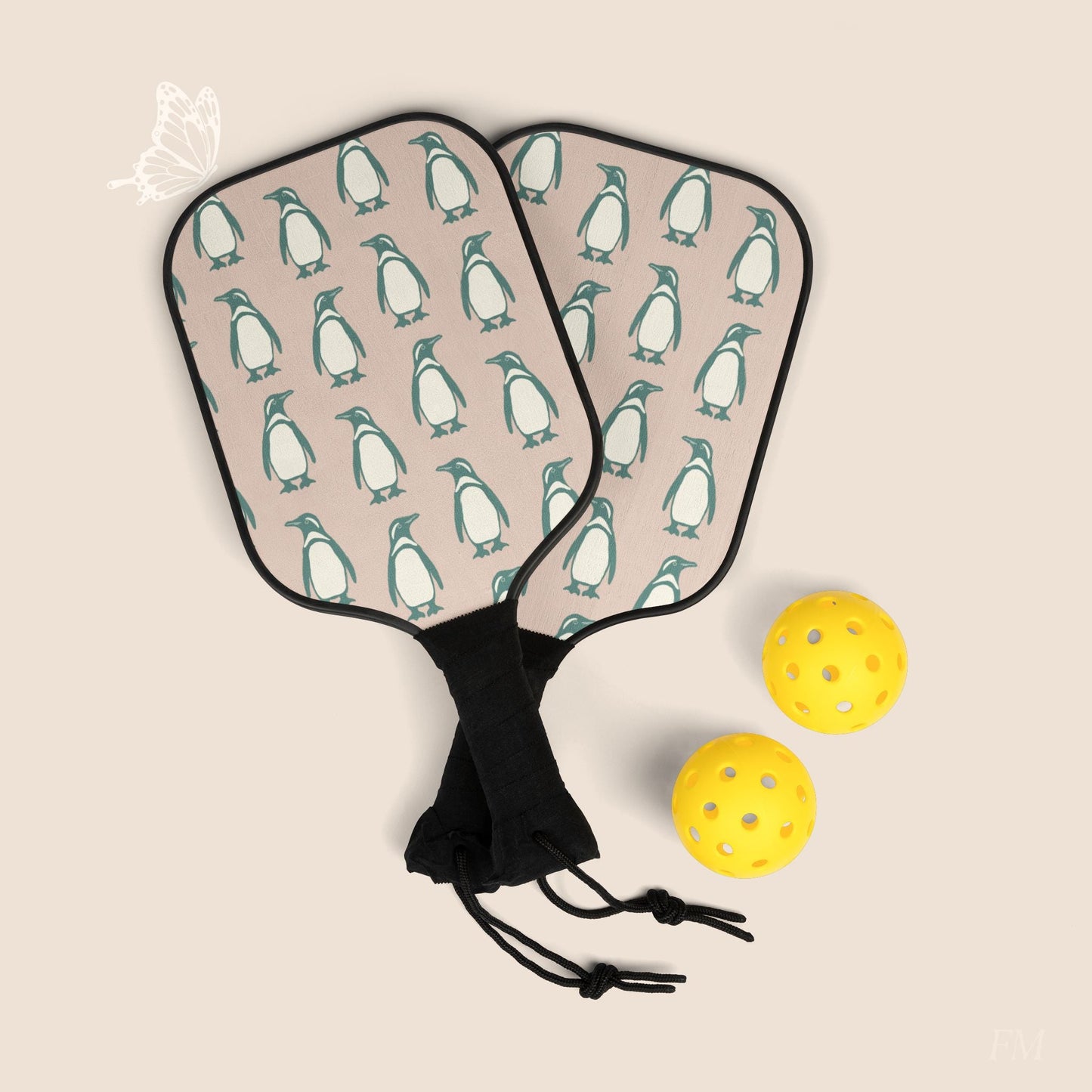 Penguin Teal & Peach Pickleball Paddles Set with hand drawn artwork - Flourish Moon Studio