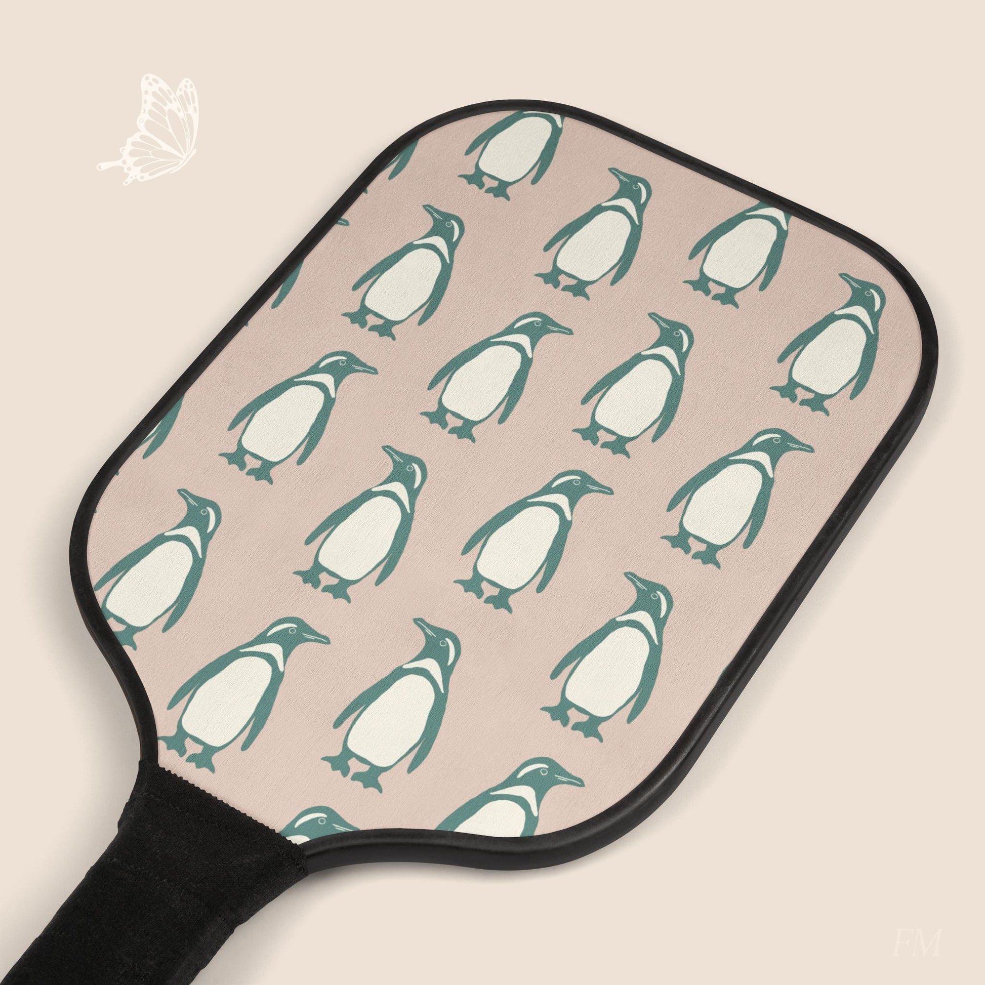 Penguin Teal & Peach Pickleball Paddles Set with hand drawn artwork - Flourish Moon Studio