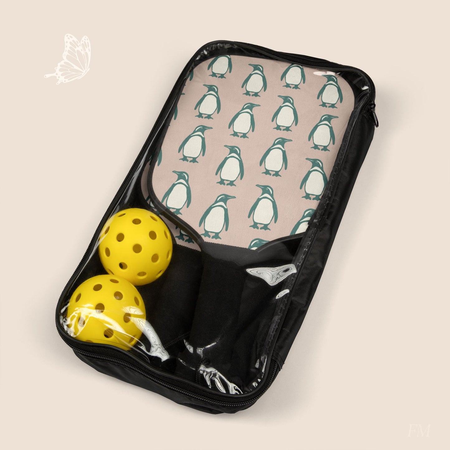 Penguin Teal & Peach Pickleball Paddles Set with hand drawn artwork - Flourish Moon Studio