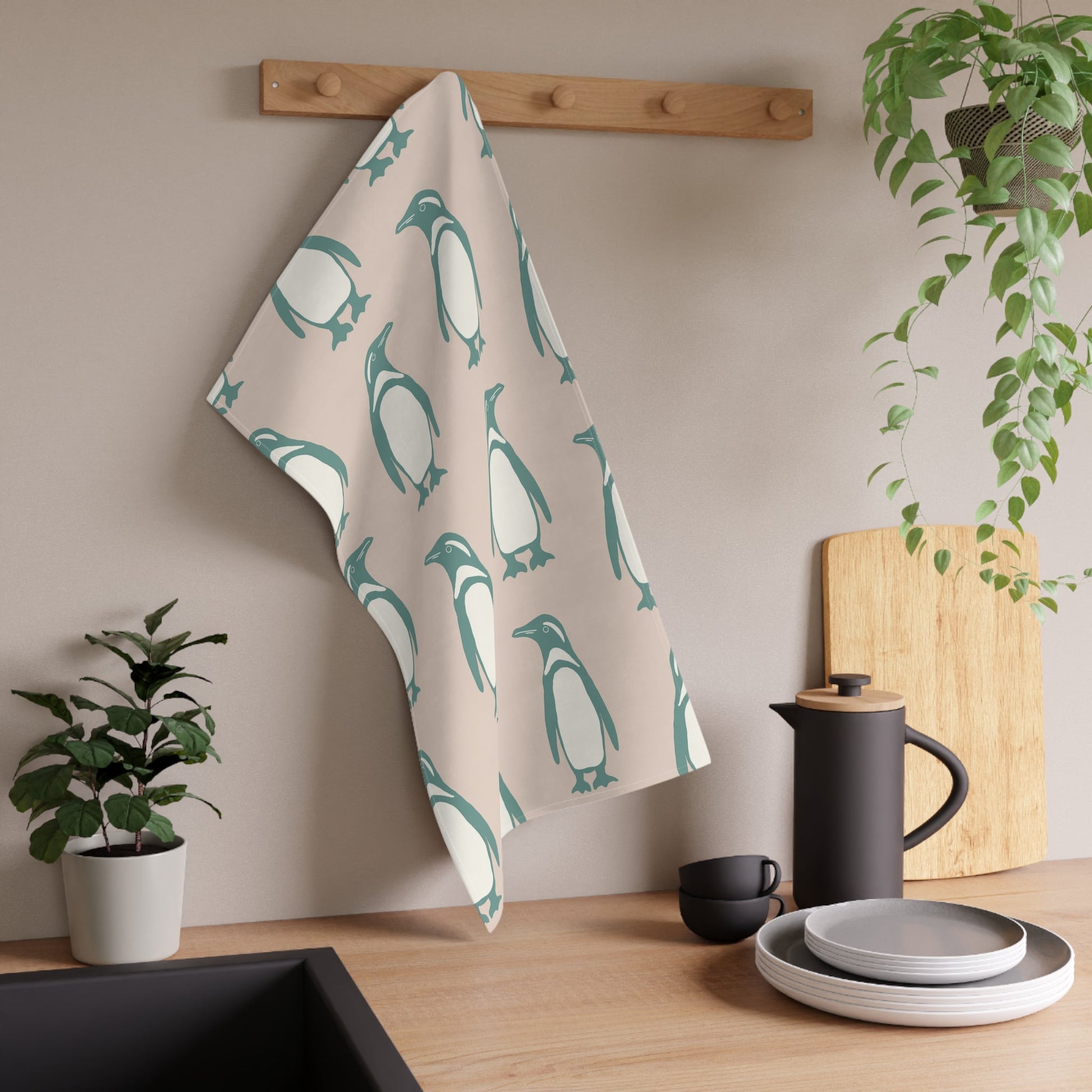 Penguin Teal & Peach Tea Towels with hand - drawn artwork - Flourish Moon Studio
