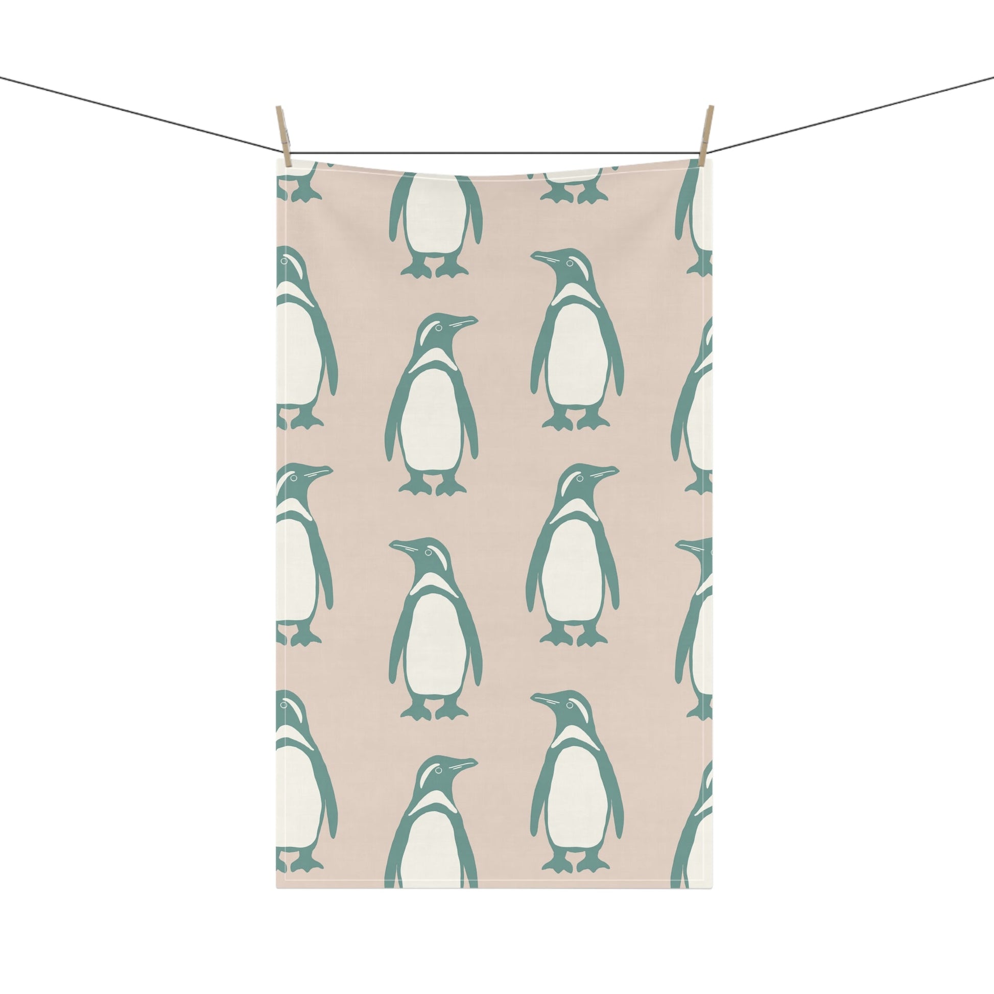 Penguin Teal & Peach Tea Towels with hand - drawn artwork - Flourish Moon Studio
