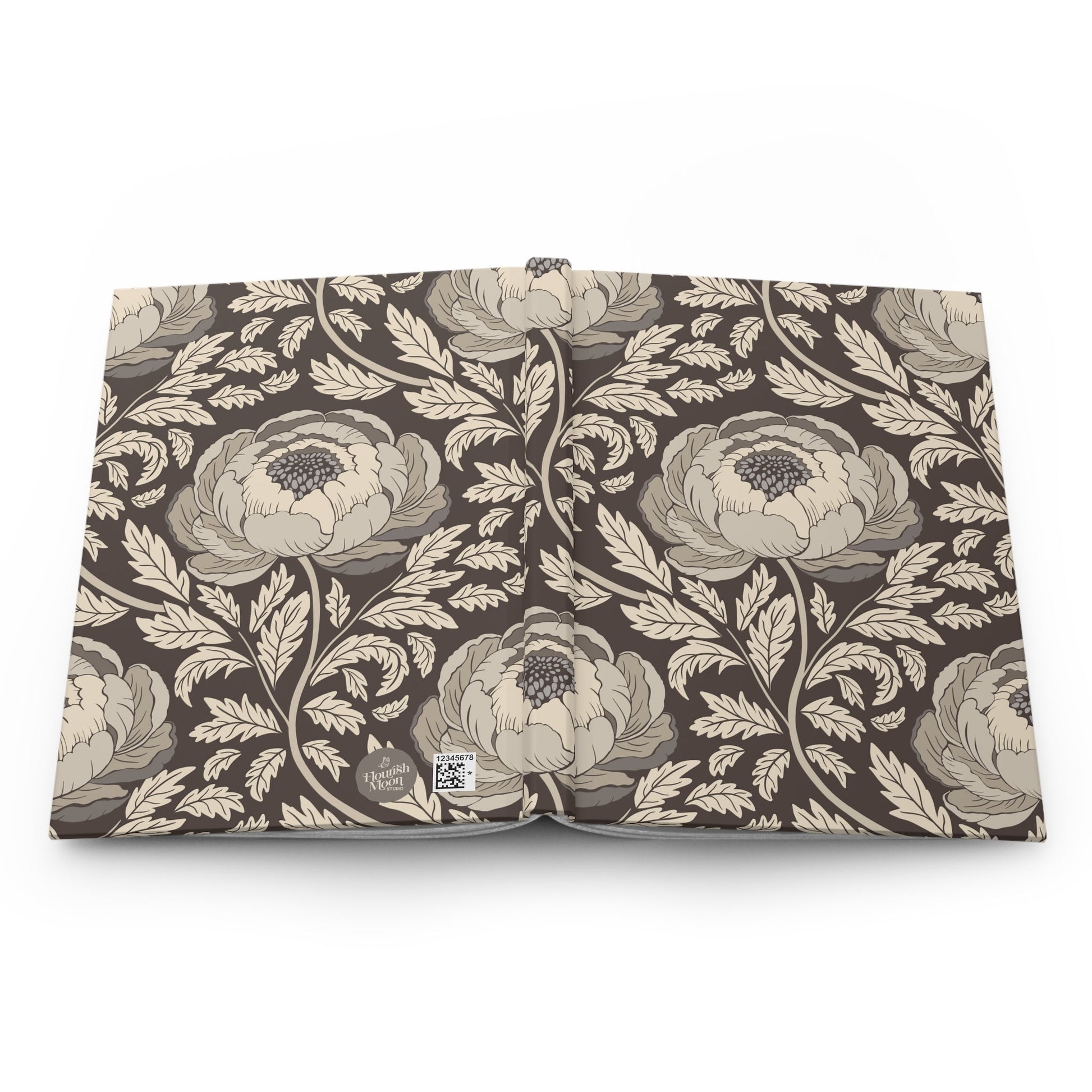 Peony Sway Taupe Hardcover Journal with hand - drawn artwork - Flourish Moon Studio