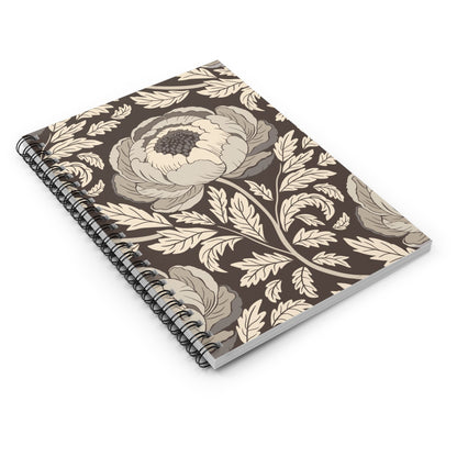 Peony Sway Taupe Spiral Notebook with hand - drawn artwork - Flourish Moon Studio