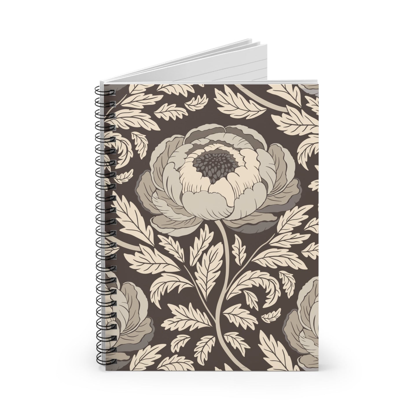 Peony Sway Taupe Spiral Notebook with hand - drawn artwork - Flourish Moon Studio