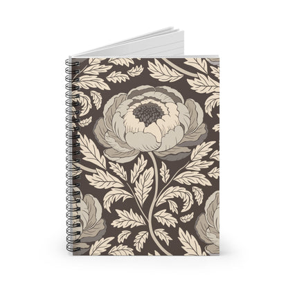 Peony Sway Taupe Spiral Notebook with hand - drawn artwork - Flourish Moon Studio