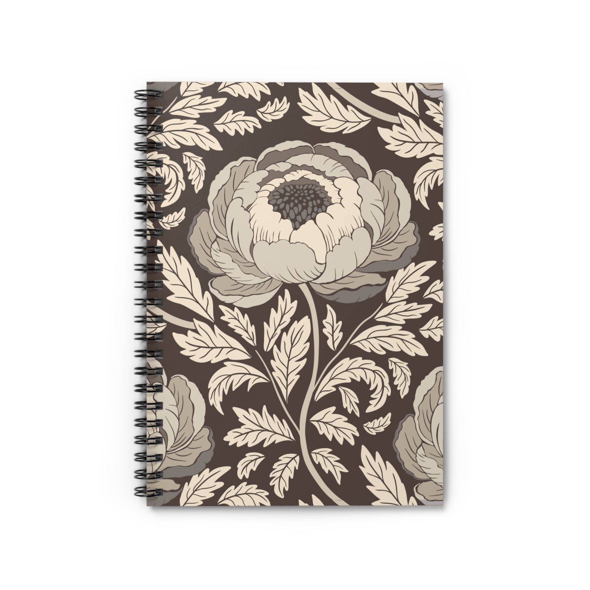 Peony Sway Taupe Spiral Notebook with hand - drawn artwork - Flourish Moon Studio