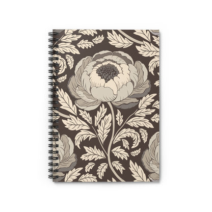 Peony Sway Taupe Spiral Notebook with hand - drawn artwork - Flourish Moon Studio
