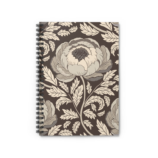Peony Sway Taupe Spiral Notebook with hand - drawn artwork - Flourish Moon Studio