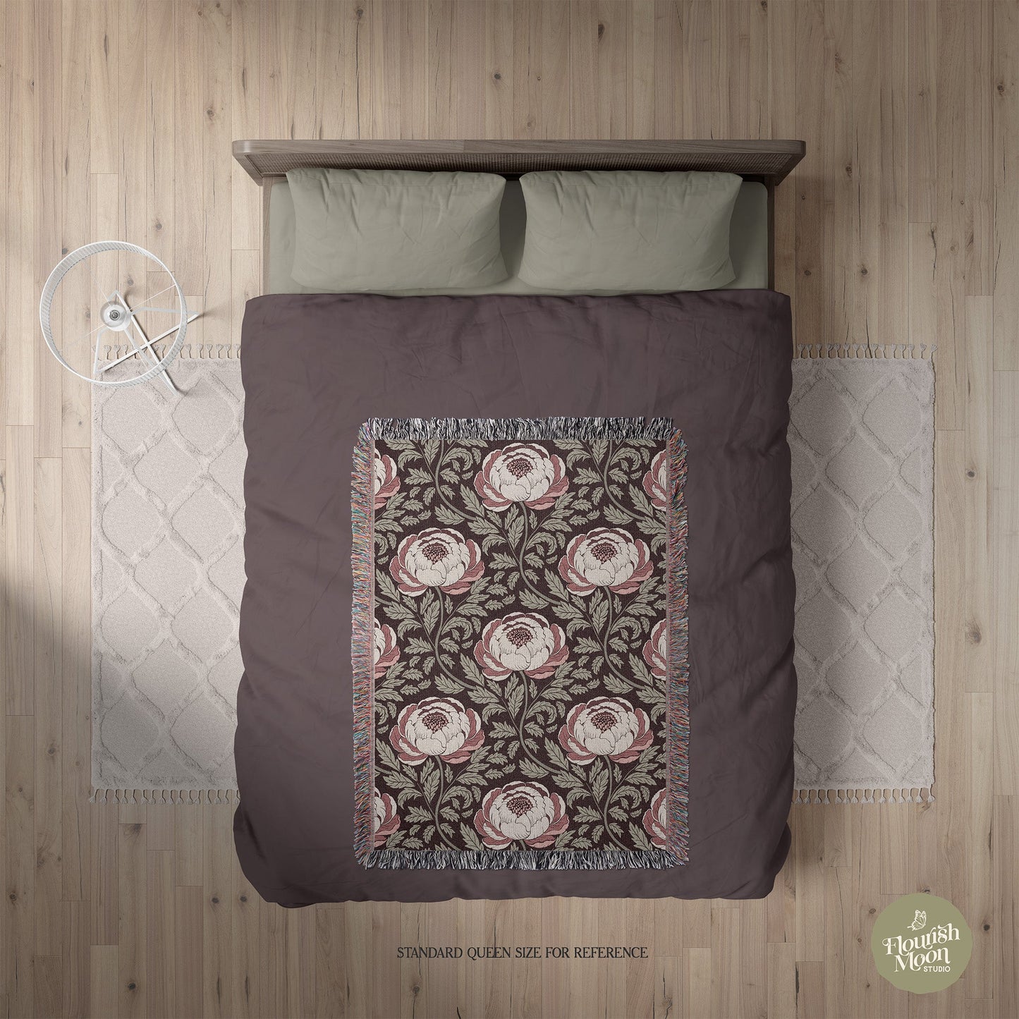 Peony Sway Woven Blanket with hand - drawn artwork - Flourish Moon Studio