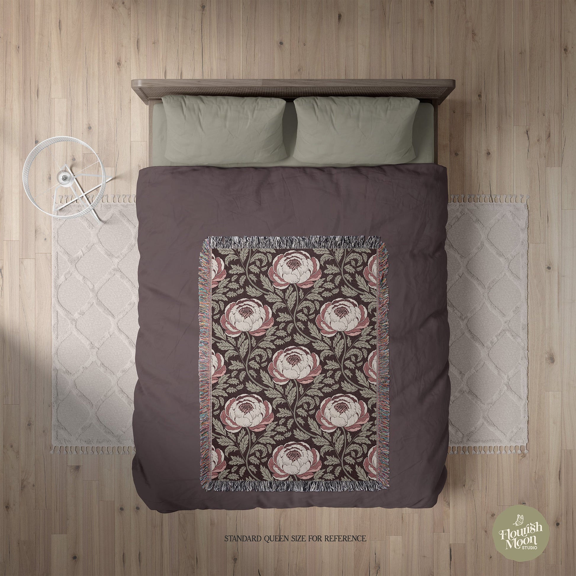Peony Sway Woven Blanket with hand - drawn artwork - Flourish Moon Studio