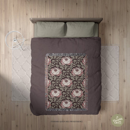 Peony Sway Woven Blanket with hand - drawn artwork - Flourish Moon Studio