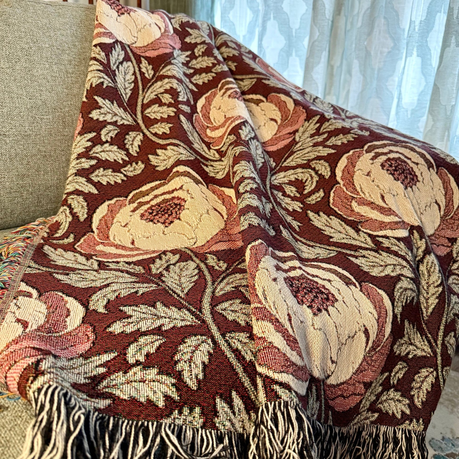 Peony Sway Woven Blanket with hand - drawn artwork - Flourish Moon Studio