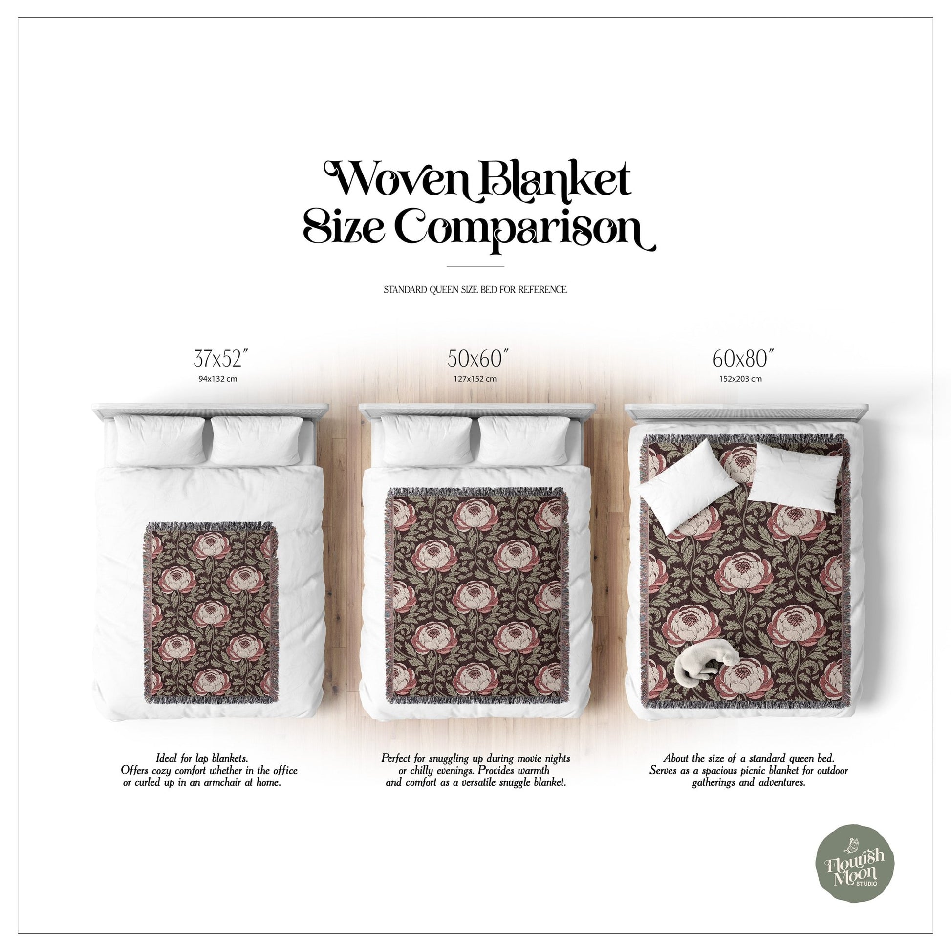Peony Sway Woven Blanket with hand - drawn artwork - Flourish Moon Studio