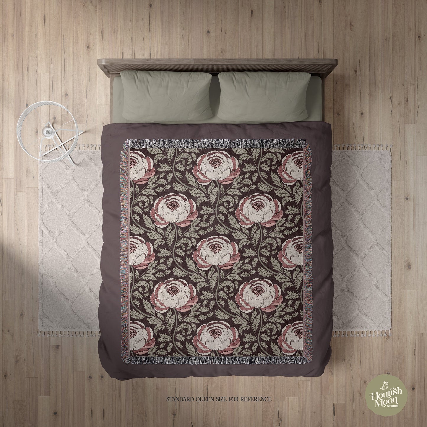 Peony Sway Woven Blanket with hand - drawn artwork - Flourish Moon Studio
