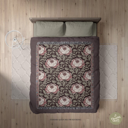 Peony Sway Woven Blanket with hand - drawn artwork - Flourish Moon Studio