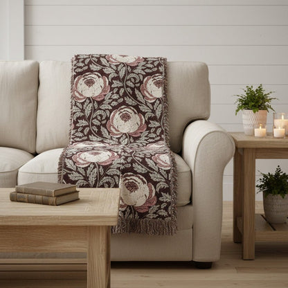 Peony Sway Woven Blanket with hand - drawn artwork - Flourish Moon Studio