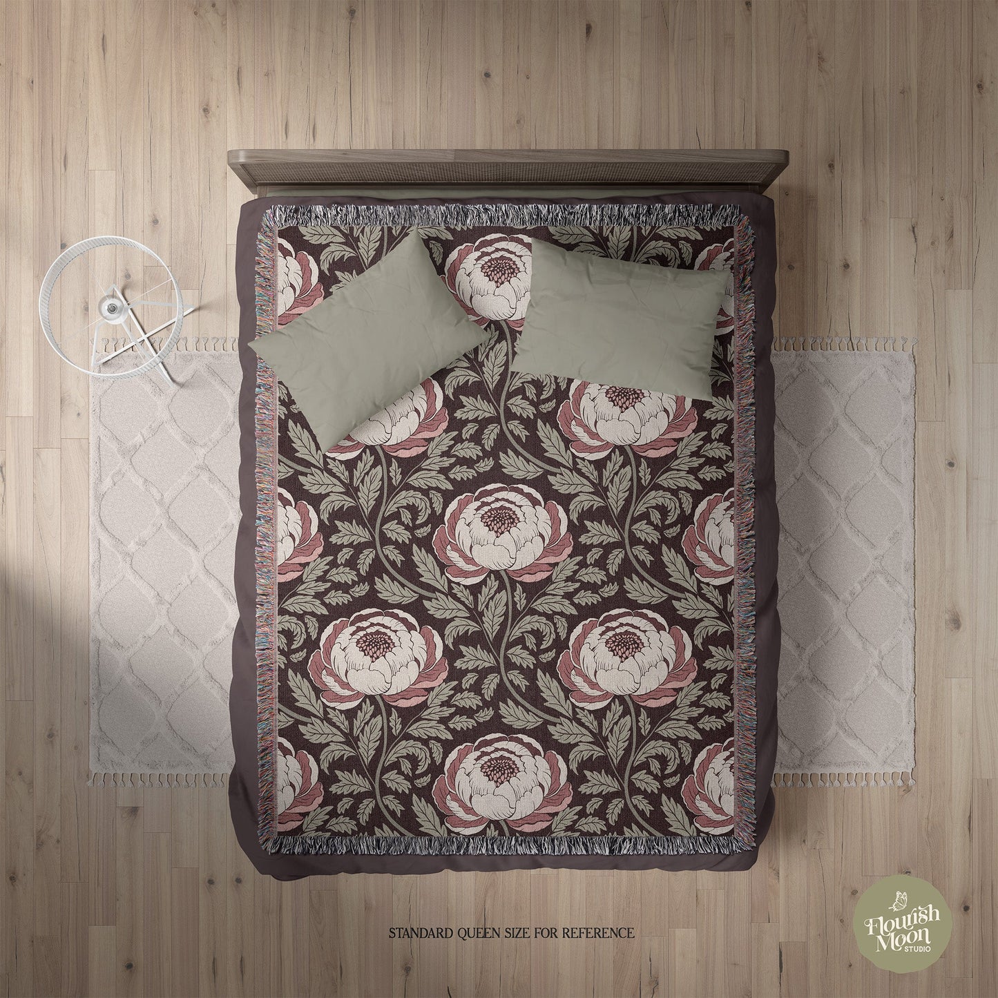 Peony Sway Woven Blanket with hand - drawn artwork - Flourish Moon Studio