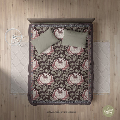 Peony Sway Woven Blanket with hand - drawn artwork - Flourish Moon Studio