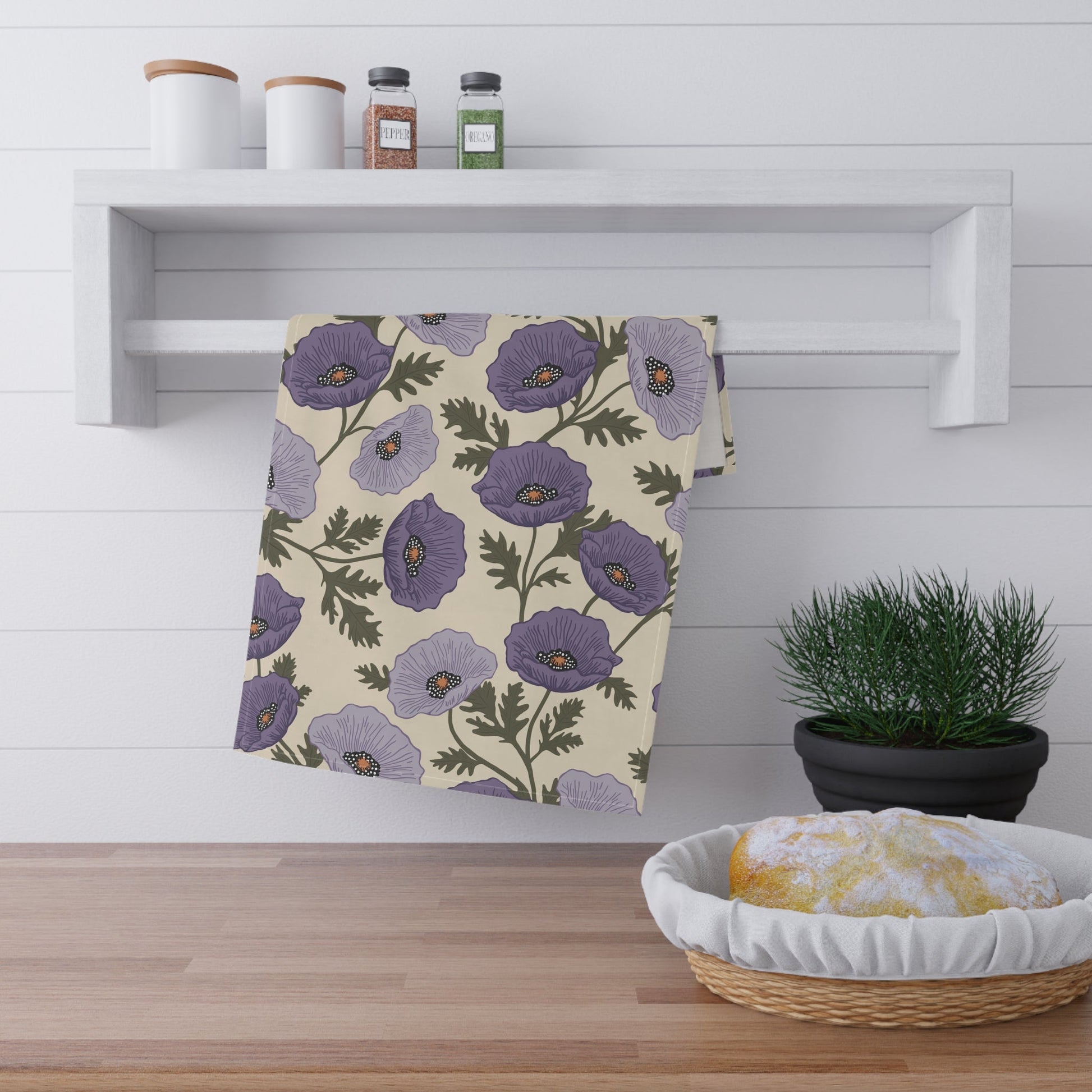Poppy Waltz Floral Moonlit Lavender Tea Towel with hand drawn artwork - Flourish Moon Studio