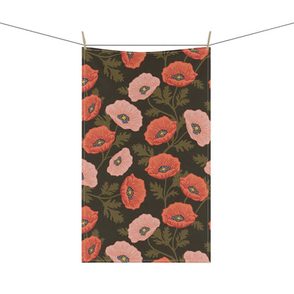 Poppy Waltz Floral on Dark Chocolate Tea Towel with hand drawn artwork - Flourish Moon Studio