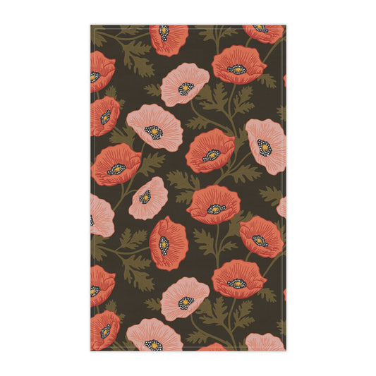 Poppy Waltz Floral on Dark Chocolate Tea Towel with hand drawn artwork - Flourish Moon Studio
